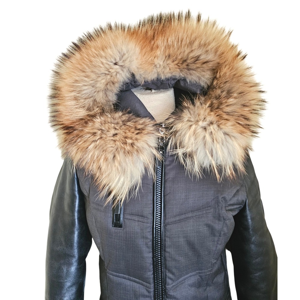 Sicily Clothing Co Puffer Coat Leather Sleeves real Fur Hood gray jacket size S
